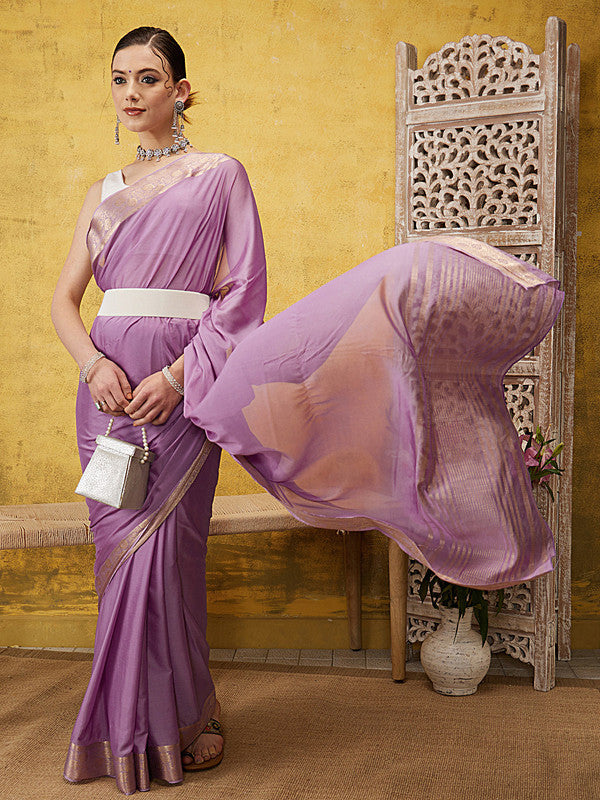 Purple Pure Viscose Chinon Zari Woven Solid Saree with Unstitched Blouse - Hiral Fashion