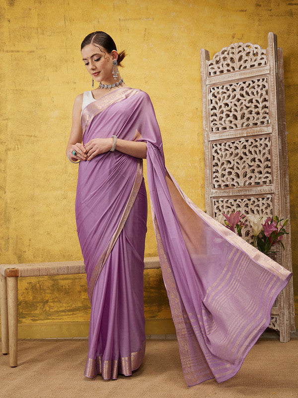Purple Pure Viscose Chinon Zari Woven Solid Saree with Unstitched Blouse - Hiral Fashion