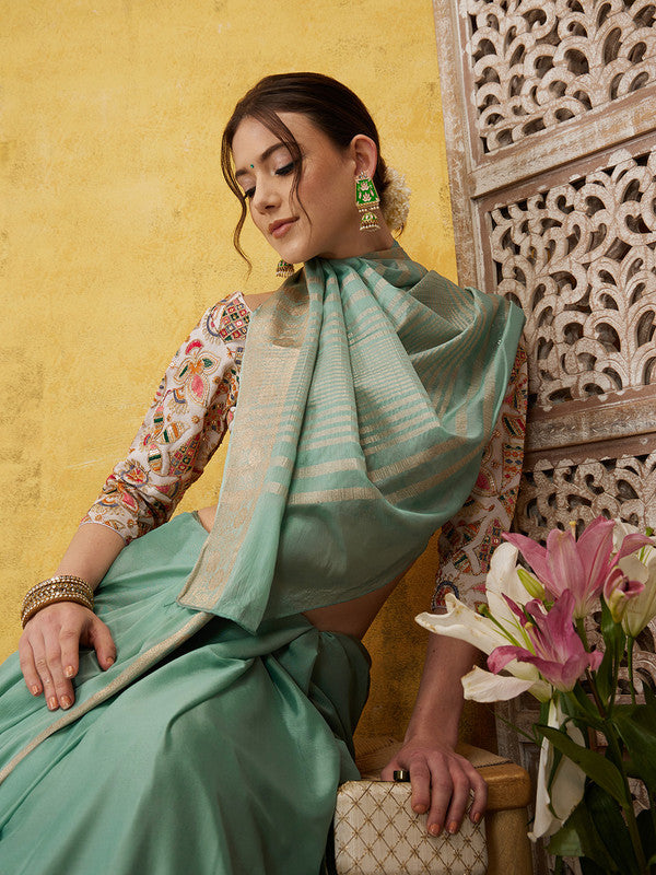 Turquoise Pure Viscose Chinon Zari Woven Solid Saree with Unstitched Blouse - Hiral Fashion