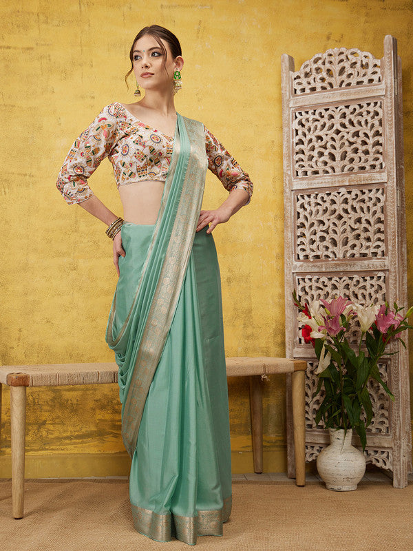 Turquoise Pure Viscose Chinon Zari Woven Solid Saree with Unstitched Blouse - Hiral Fashion