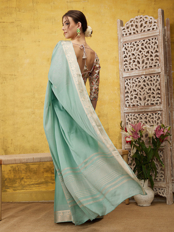 Turquoise Pure Viscose Chinon Zari Woven Solid Saree with Unstitched Blouse - Hiral Fashion