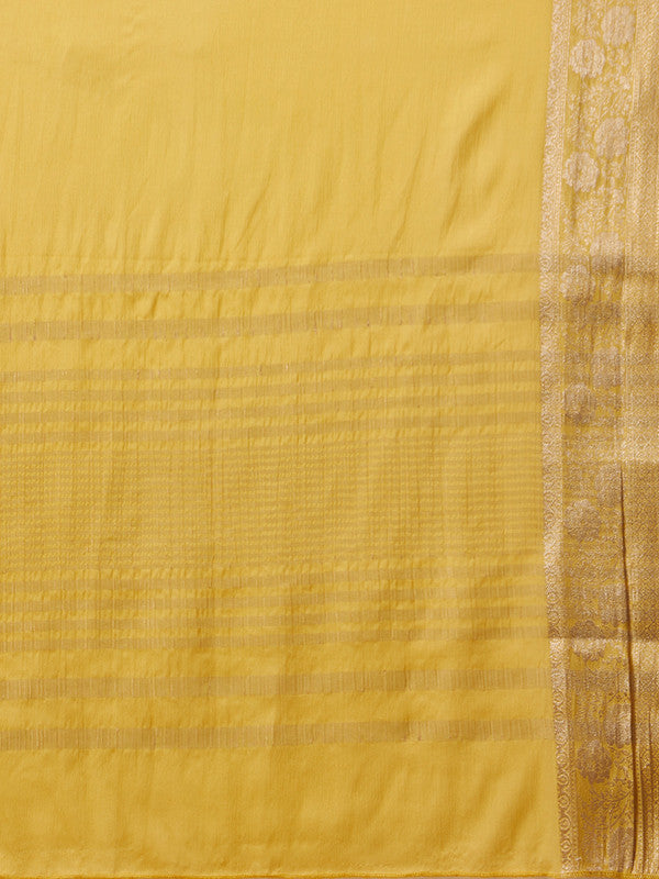 Yellow Pure Viscose Chinon Zari Woven Solid Saree with Unstitched Blouse - Hiral Fashion