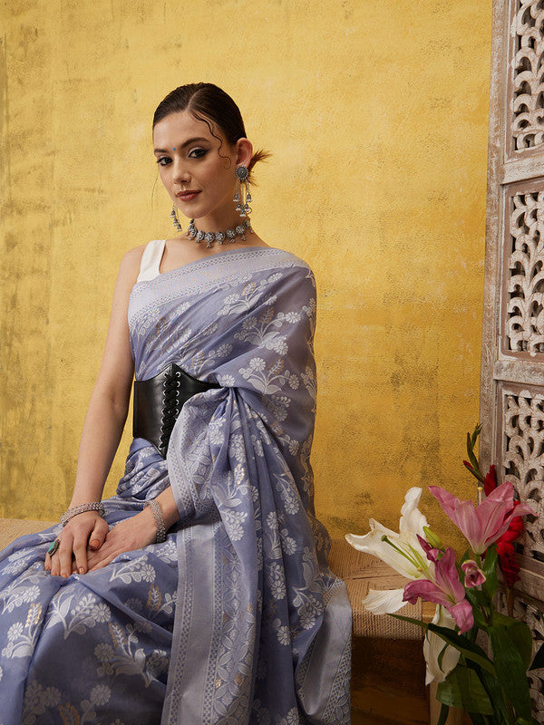 Gray Cotton Woven Zari Design Floral Saree with Unstitched Blouse - Hiral Fashion