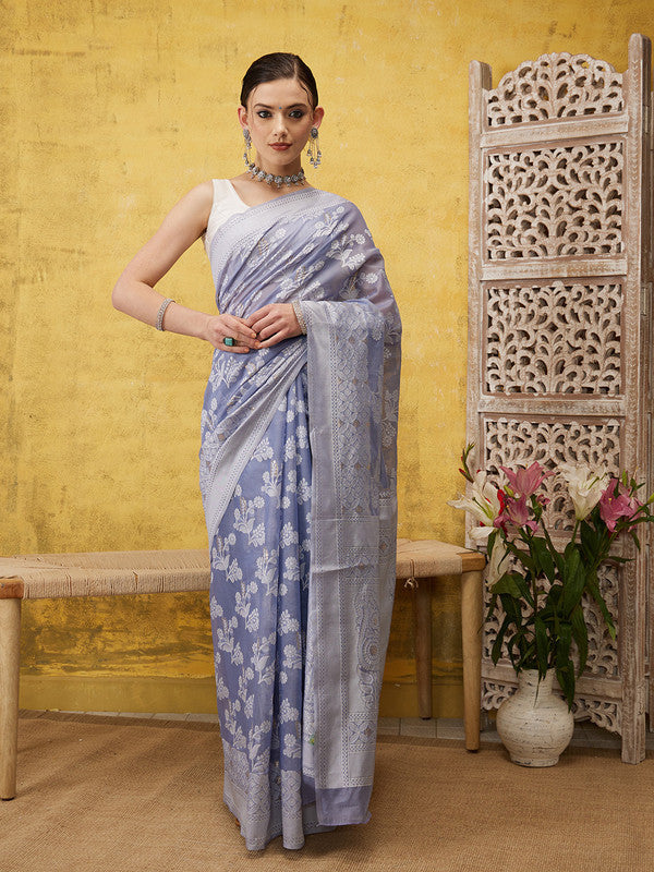 Gray Cotton Woven Zari Design Floral Saree with Unstitched Blouse - Hiral Fashion