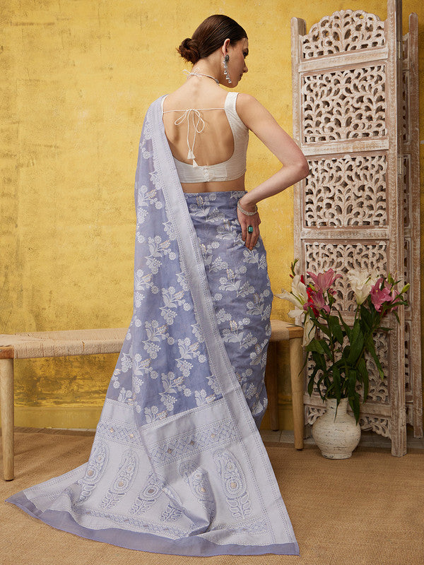 Gray Cotton Woven Zari Design Floral Saree with Unstitched Blouse - Hiral Fashion