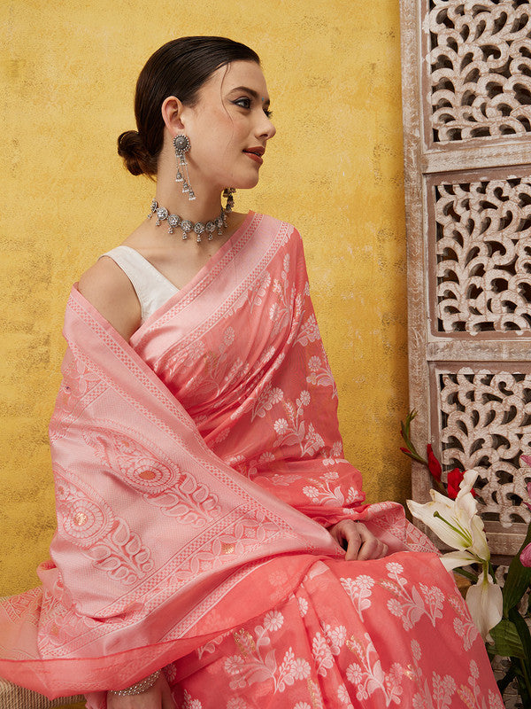 Peach Cotton Woven Zari Design Floral Saree with Unstitched Blouse - Hiral Fashion