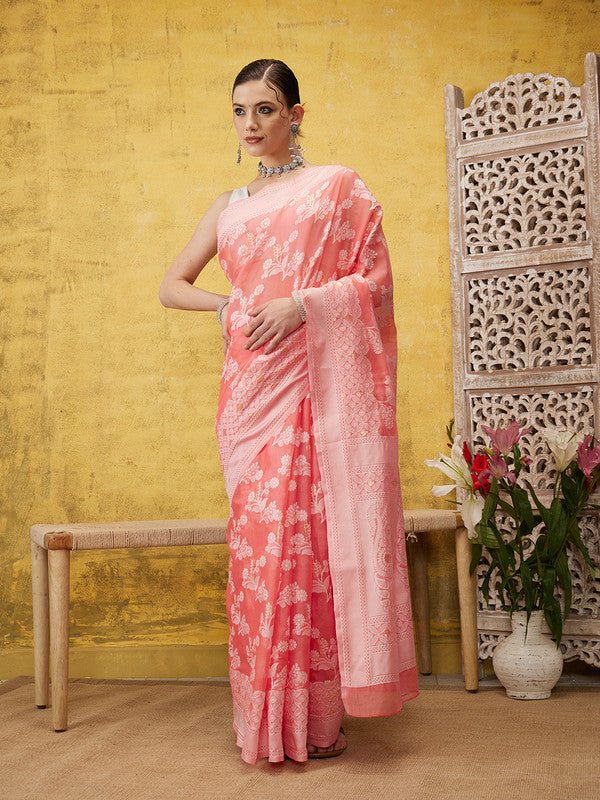 Peach Cotton Woven Zari Design Floral Saree with Unstitched Blouse - Hiral Fashion