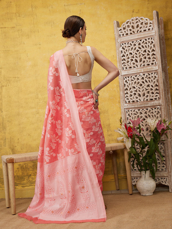 Peach Cotton Woven Zari Design Floral Saree with Unstitched Blouse - Hiral Fashion
