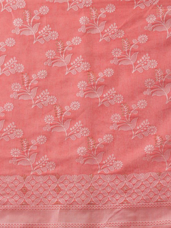 Peach Cotton Woven Zari Design Floral Saree with Unstitched Blouse - Hiral Fashion