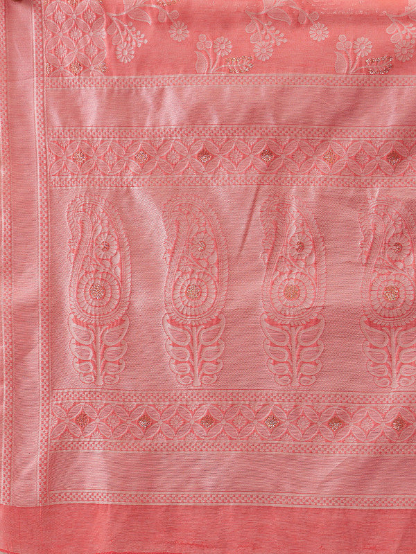 Peach Cotton Woven Zari Design Floral Saree with Unstitched Blouse - Hiral Fashion