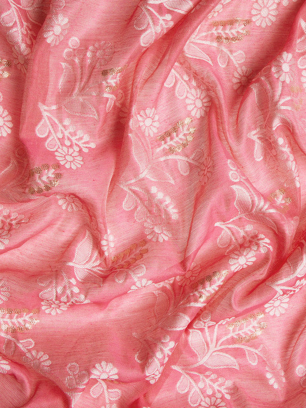 Peach Cotton Woven Zari Design Floral Saree with Unstitched Blouse - Hiral Fashion