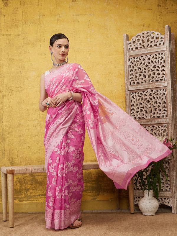 Pink Cotton Woven Zari Design Floral Saree with Unstitched Blouse - Hiral Fashion