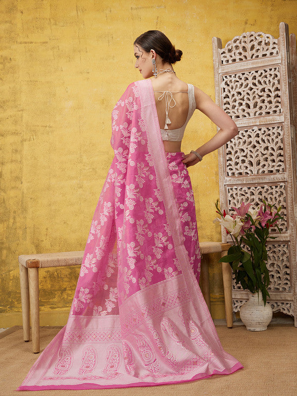 Pink Cotton Woven Zari Design Floral Saree with Unstitched Blouse - Hiral Fashion