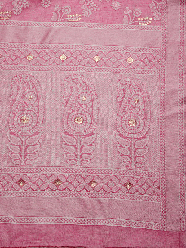 Pink Cotton Woven Zari Design Floral Saree with Unstitched Blouse - Hiral Fashion