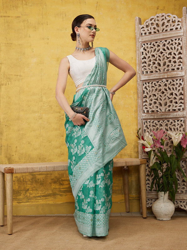 Turquoise Cotton Woven Zari Design Floral Saree with Unstitched Blouse - Hiral Fashion