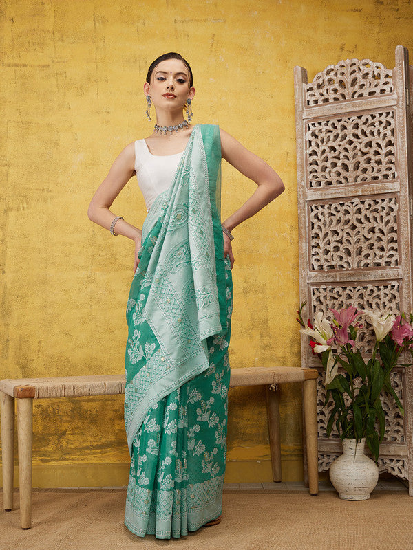 Turquoise Cotton Woven Zari Design Floral Saree with Unstitched Blouse - Hiral Fashion