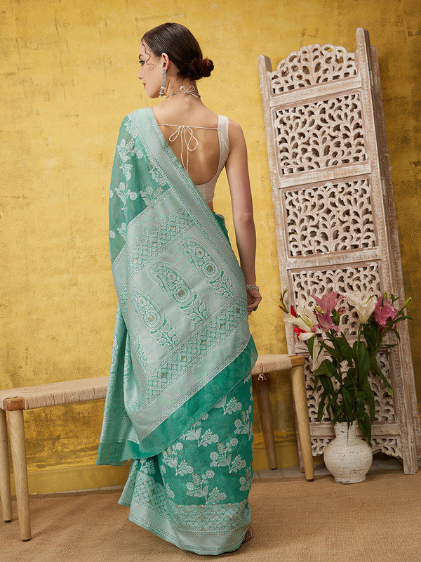 Turquoise Cotton Woven Zari Design Floral Saree with Unstitched Blouse - Hiral Fashion