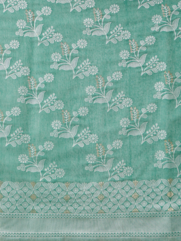 Turquoise Cotton Woven Zari Design Floral Saree with Unstitched Blouse - Hiral Fashion
