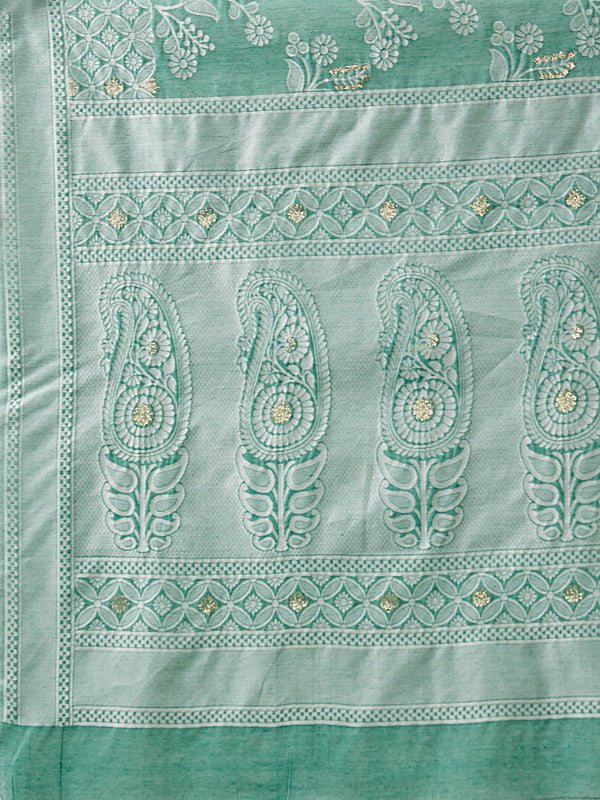 Turquoise Cotton Woven Zari Design Floral Saree with Unstitched Blouse - Hiral Fashion