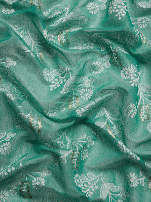 Turquoise Cotton Woven Zari Design Floral Saree with Unstitched Blouse - Hiral Fashion