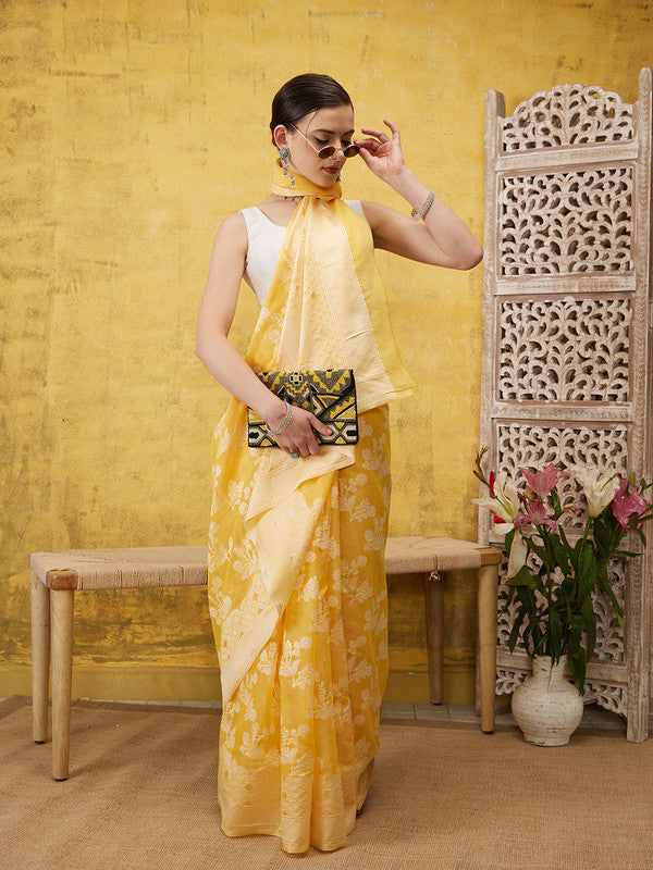 Yellow Cotton Woven Zari Design Floral Saree with Unstitched Blouse - Hiral Fashion