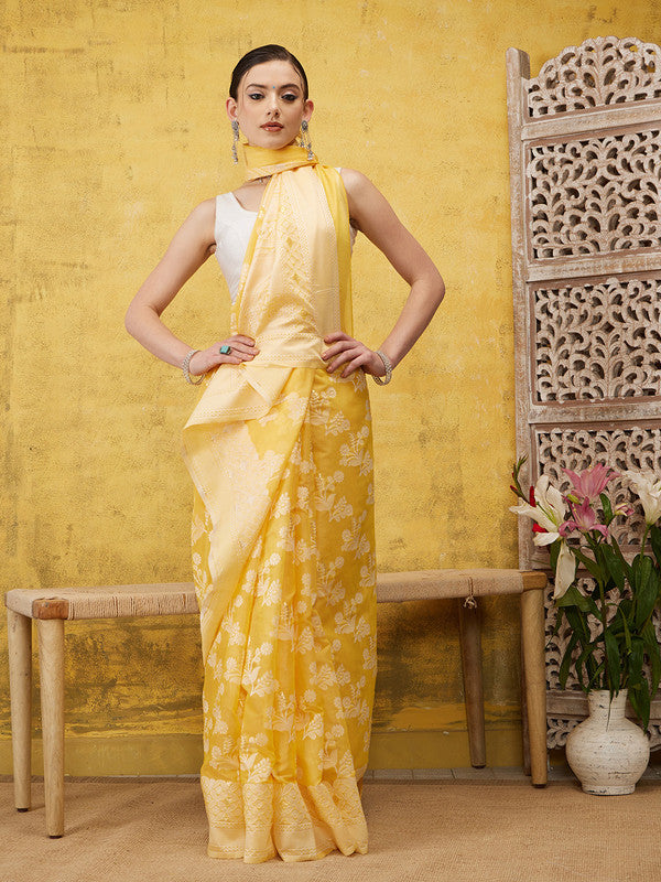 Yellow Cotton Woven Zari Design Floral Saree with Unstitched Blouse - Hiral Fashion