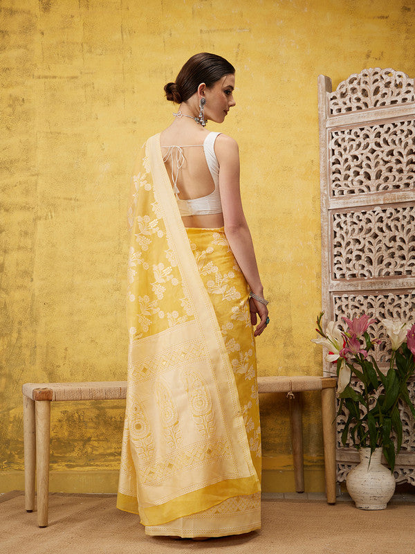 Yellow Cotton Woven Zari Design Floral Saree with Unstitched Blouse - Hiral Fashion
