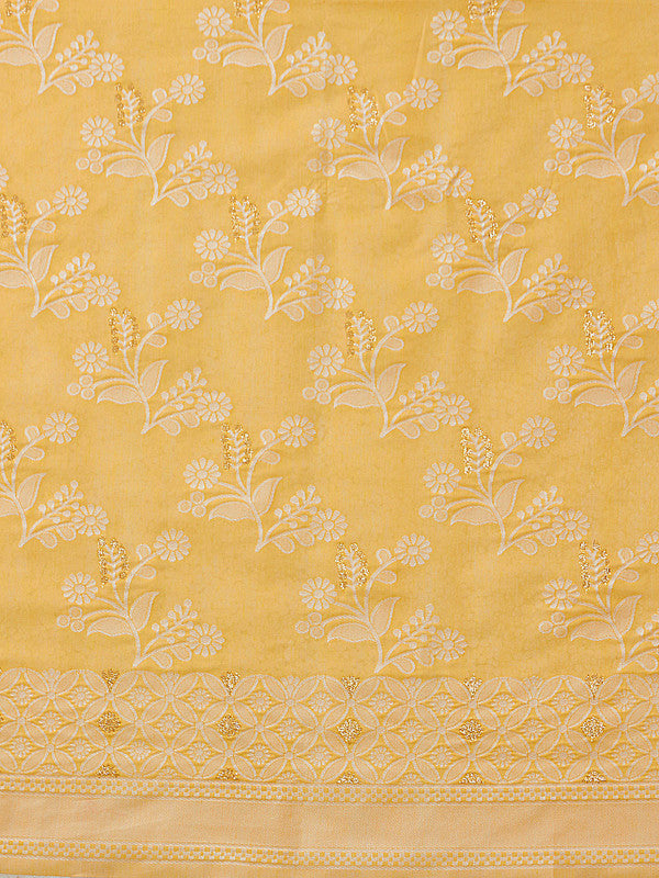 Yellow Cotton Woven Zari Design Floral Saree with Unstitched Blouse - Hiral Fashion