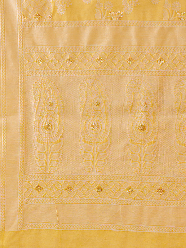 Yellow Cotton Woven Zari Design Floral Saree with Unstitched Blouse - Hiral Fashion