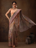 Beige Cotton Blend Digital Print Floral Saree with Unstitched Blouse - Hiral Fashion