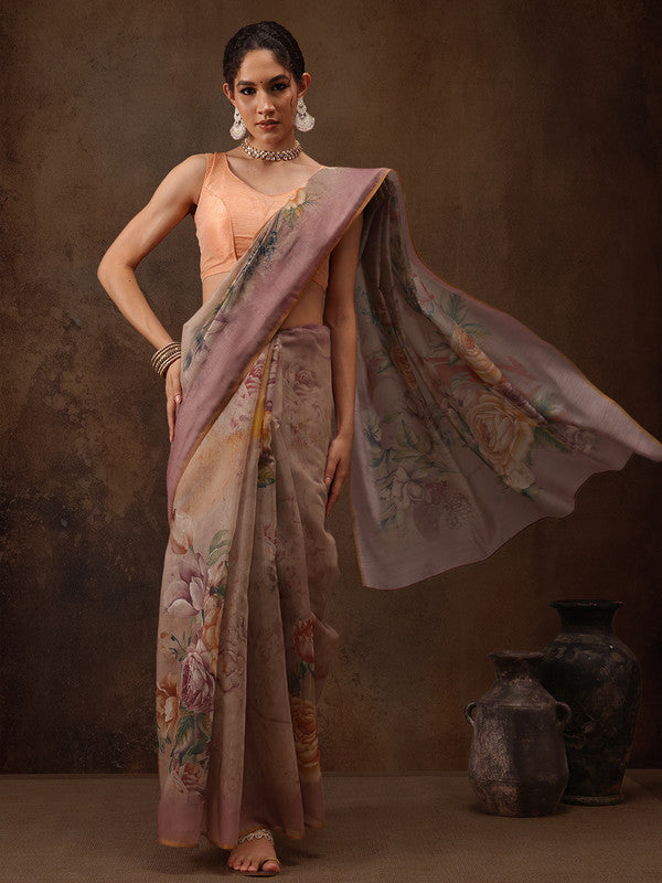 Beige Cotton Blend Digital Print Floral Saree with Unstitched Blouse - Hiral Fashion