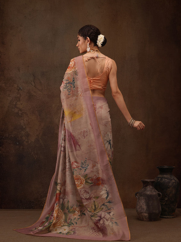 Beige Cotton Blend Digital Print Floral Saree with Unstitched Blouse - Hiral Fashion
