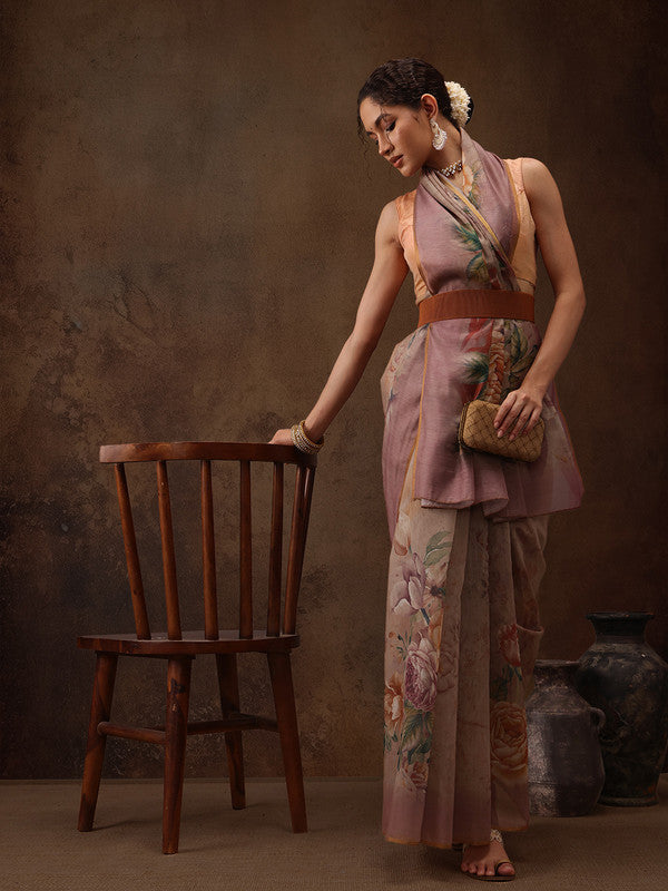 Beige Cotton Blend Digital Print Floral Saree with Unstitched Blouse - Hiral Fashion