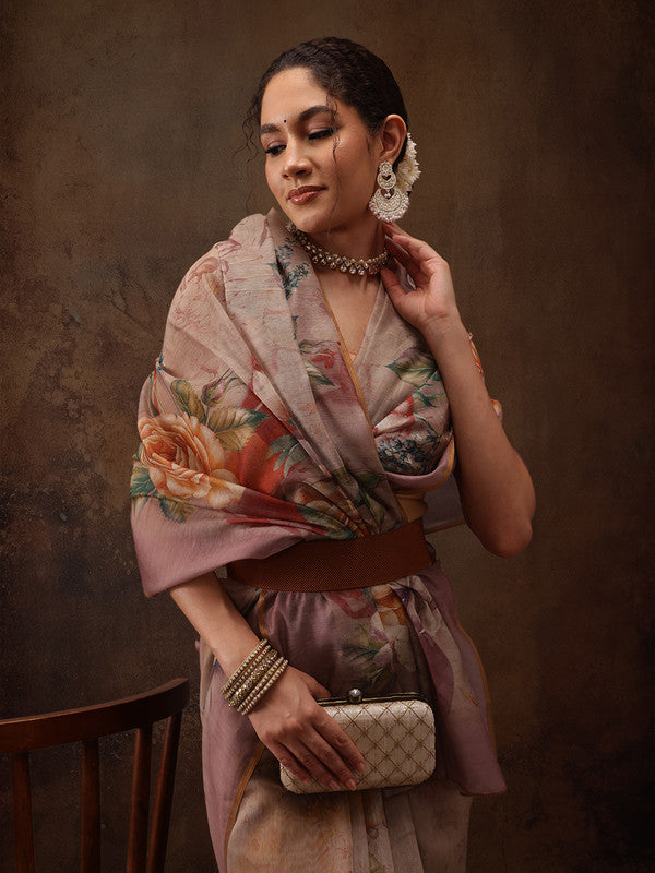Beige Cotton Blend Digital Print Floral Saree with Unstitched Blouse - Hiral Fashion