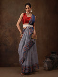 Gray Cotton Blend Digital Print Floral Saree with Unstitched Blouse - Hiral Fashion