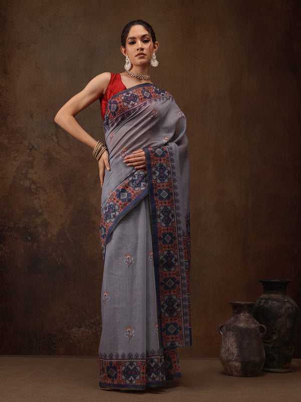 Gray Cotton Blend Digital Print Floral Saree with Unstitched Blouse - Hiral Fashion