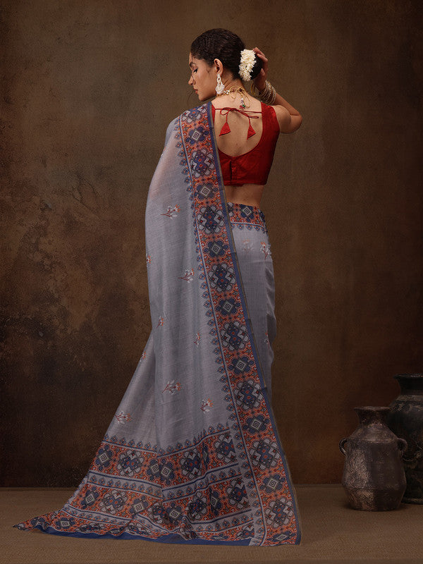 Gray Cotton Blend Digital Print Floral Saree with Unstitched Blouse - Hiral Fashion