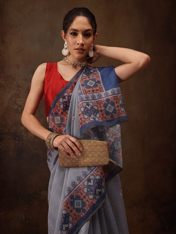 Gray Cotton Blend Digital Print Floral Saree with Unstitched Blouse - Hiral Fashion