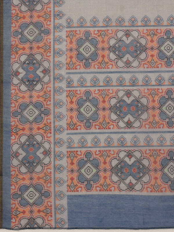 Gray Cotton Blend Digital Print Floral Saree with Unstitched Blouse - Hiral Fashion