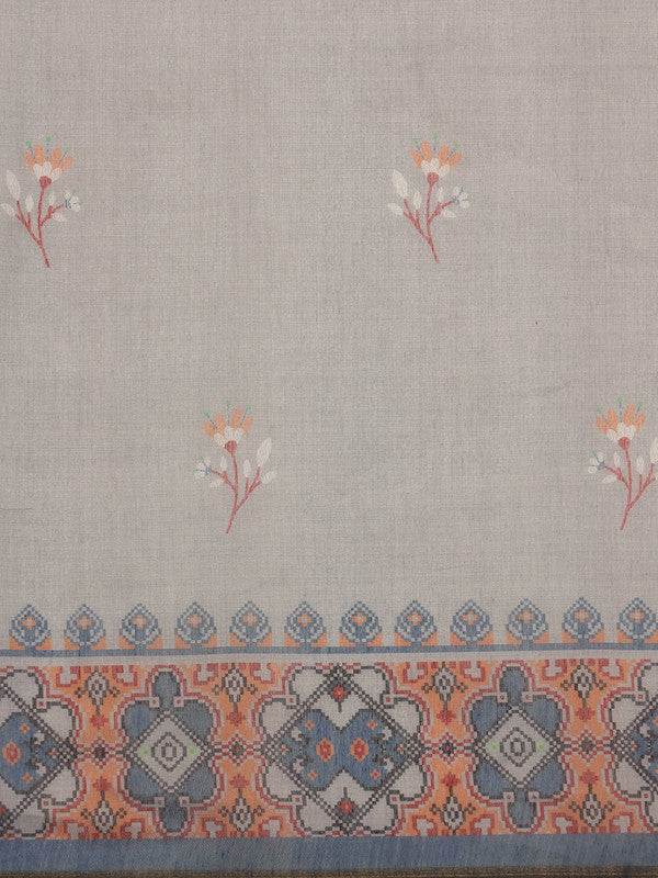 Gray Cotton Blend Digital Print Floral Saree with Unstitched Blouse - Hiral Fashion