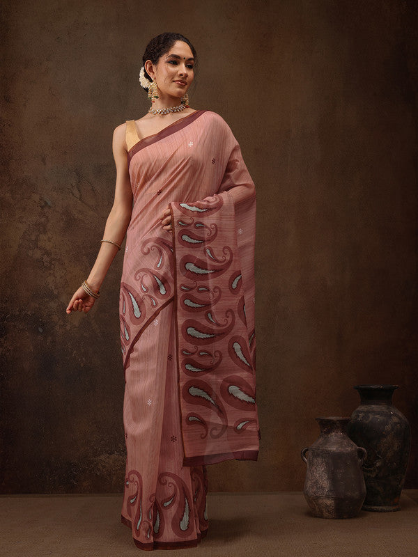 Peach Cotton Blend Digital Print Floral Saree with Unstitched Blouse - Hiral Fashion