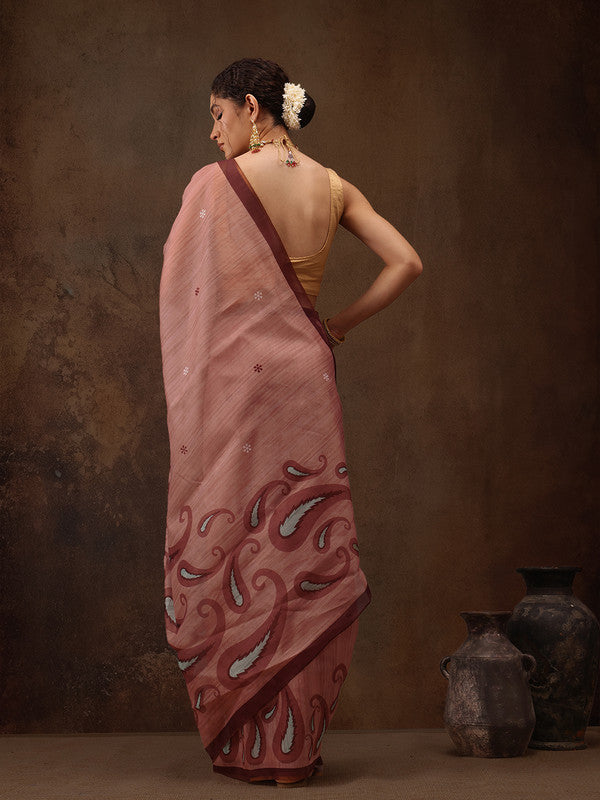 Peach Cotton Blend Digital Print Floral Saree with Unstitched Blouse - Hiral Fashion