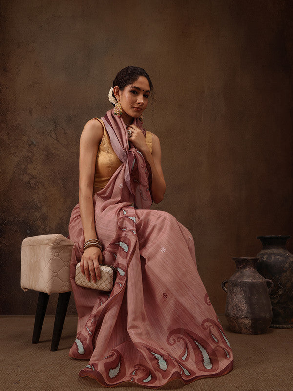 Peach Cotton Blend Digital Print Floral Saree with Unstitched Blouse - Hiral Fashion