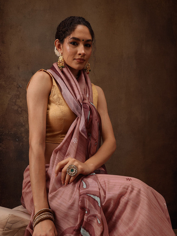 Peach Cotton Blend Digital Print Floral Saree with Unstitched Blouse - Hiral Fashion