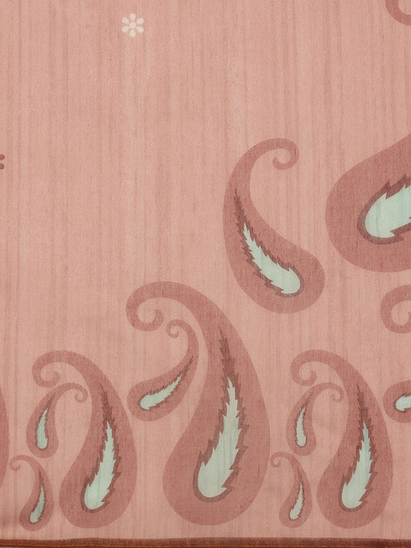 Peach Cotton Blend Digital Print Floral Saree with Unstitched Blouse - Hiral Fashion