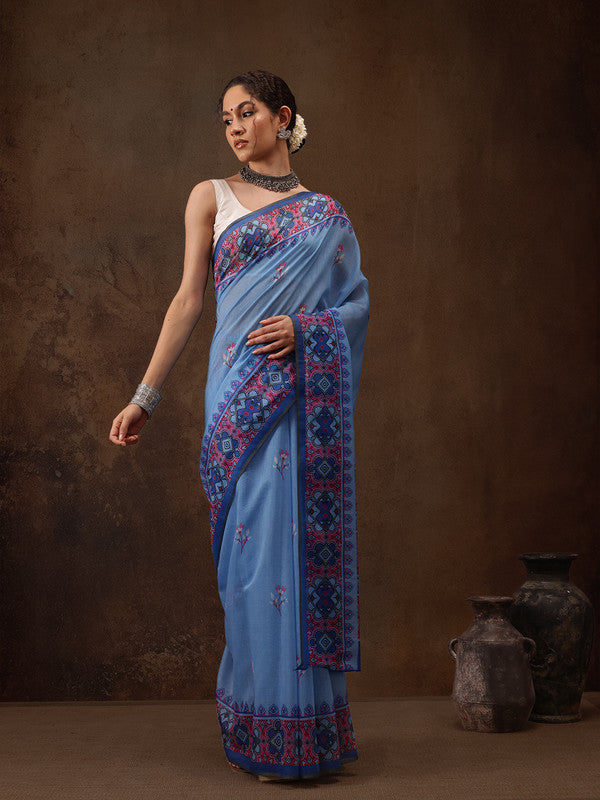 Sky Blue Cotton Blend Digital Print Floral Saree with Unstitched Blouse - Hiral Fashion