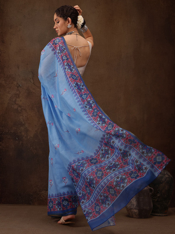 Sky Blue Cotton Blend Digital Print Floral Saree with Unstitched Blouse - Hiral Fashion