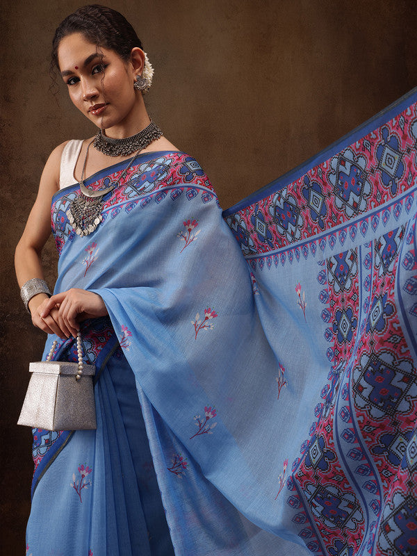 Sky Blue Cotton Blend Digital Print Floral Saree with Unstitched Blouse - Hiral Fashion