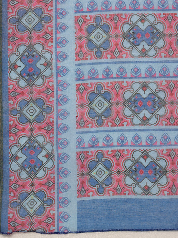 Sky Blue Cotton Blend Digital Print Floral Saree with Unstitched Blouse - Hiral Fashion