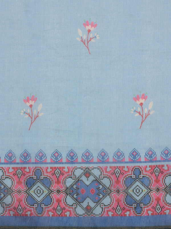Sky Blue Cotton Blend Digital Print Floral Saree with Unstitched Blouse - Hiral Fashion